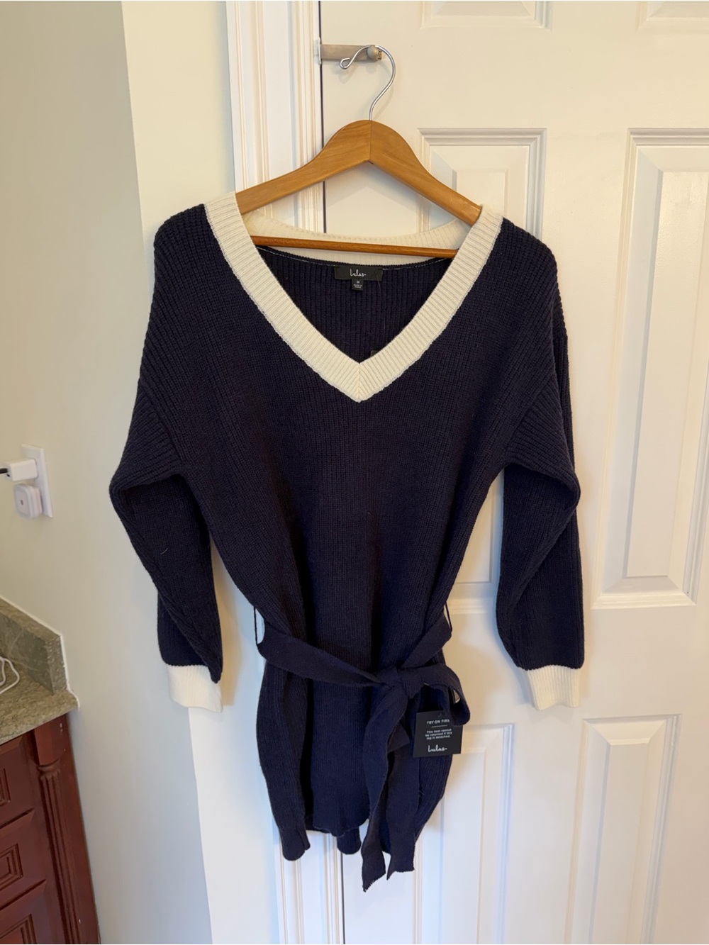 Lulu's Navy Blue Long Sleeve V-Neck Sweater Dress with Cream Trim